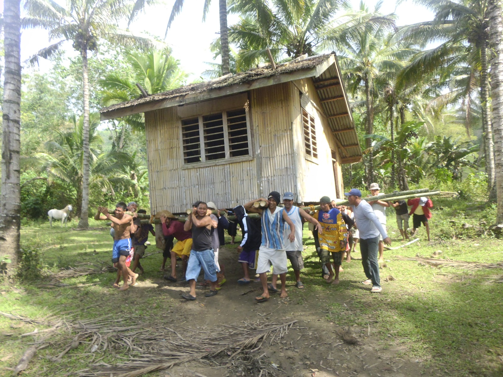 Filipino community members carrying a bahay kubo together