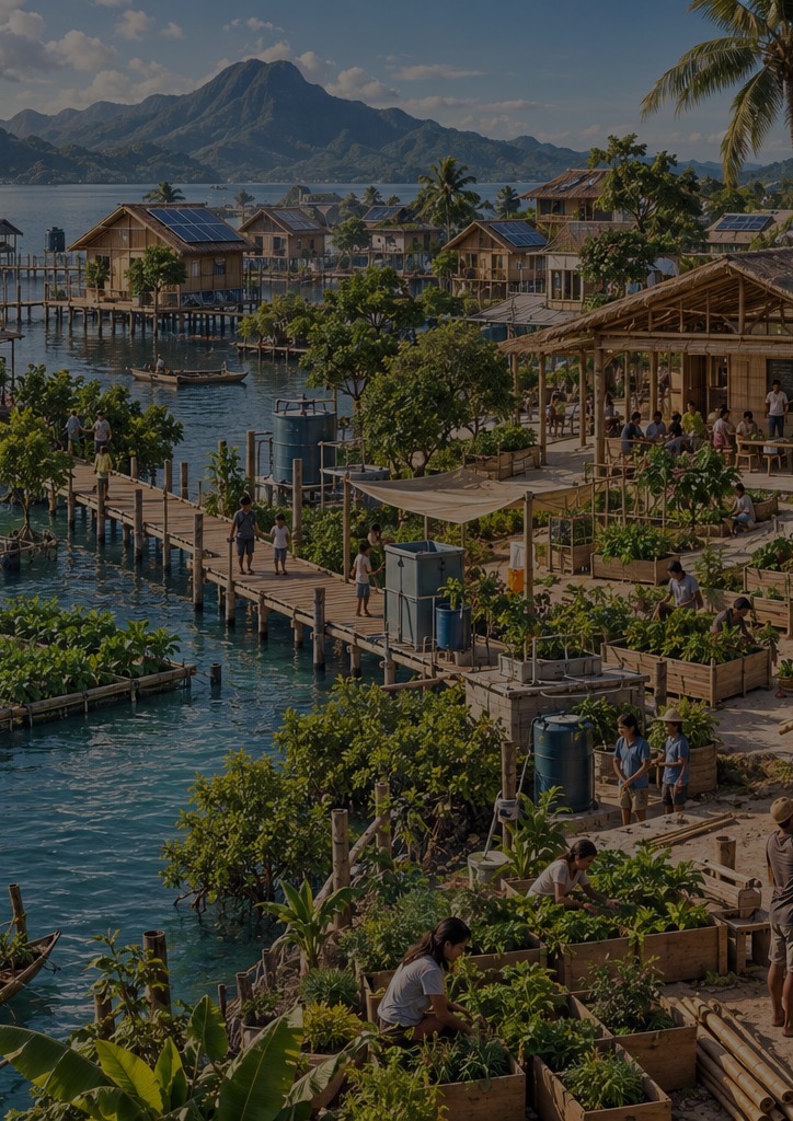 Concept rendering of a water-adapted community with homes, gardens, solar energy and shared spaces